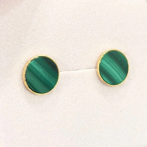 Vintage Malachite Gold Earrings: 18K solid yellow gold genuine inlay studs